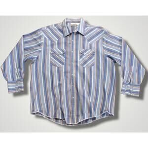 Express Rider Pearl Snap Western Shirt Blue/Tan Stripe Size XL